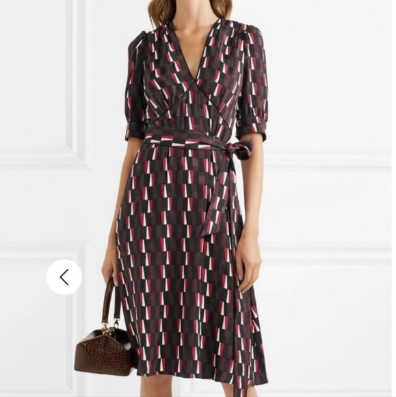 Cefinn Dresses & Skirts - Cefinn Satin Midi Dress 14 Geometric Print V-Neck Waist Tie Work Office Classic